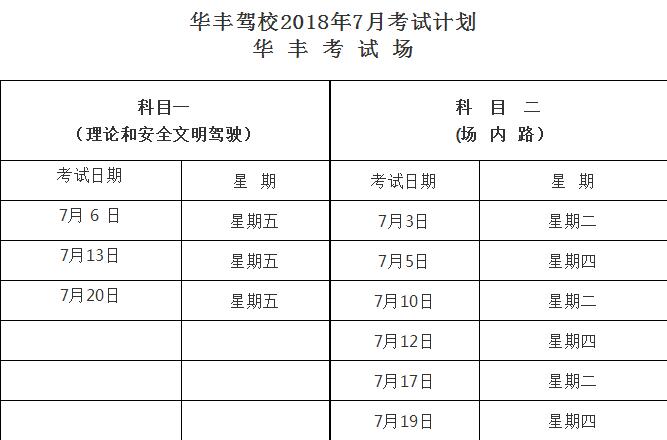 华丰驾校7月考试计划